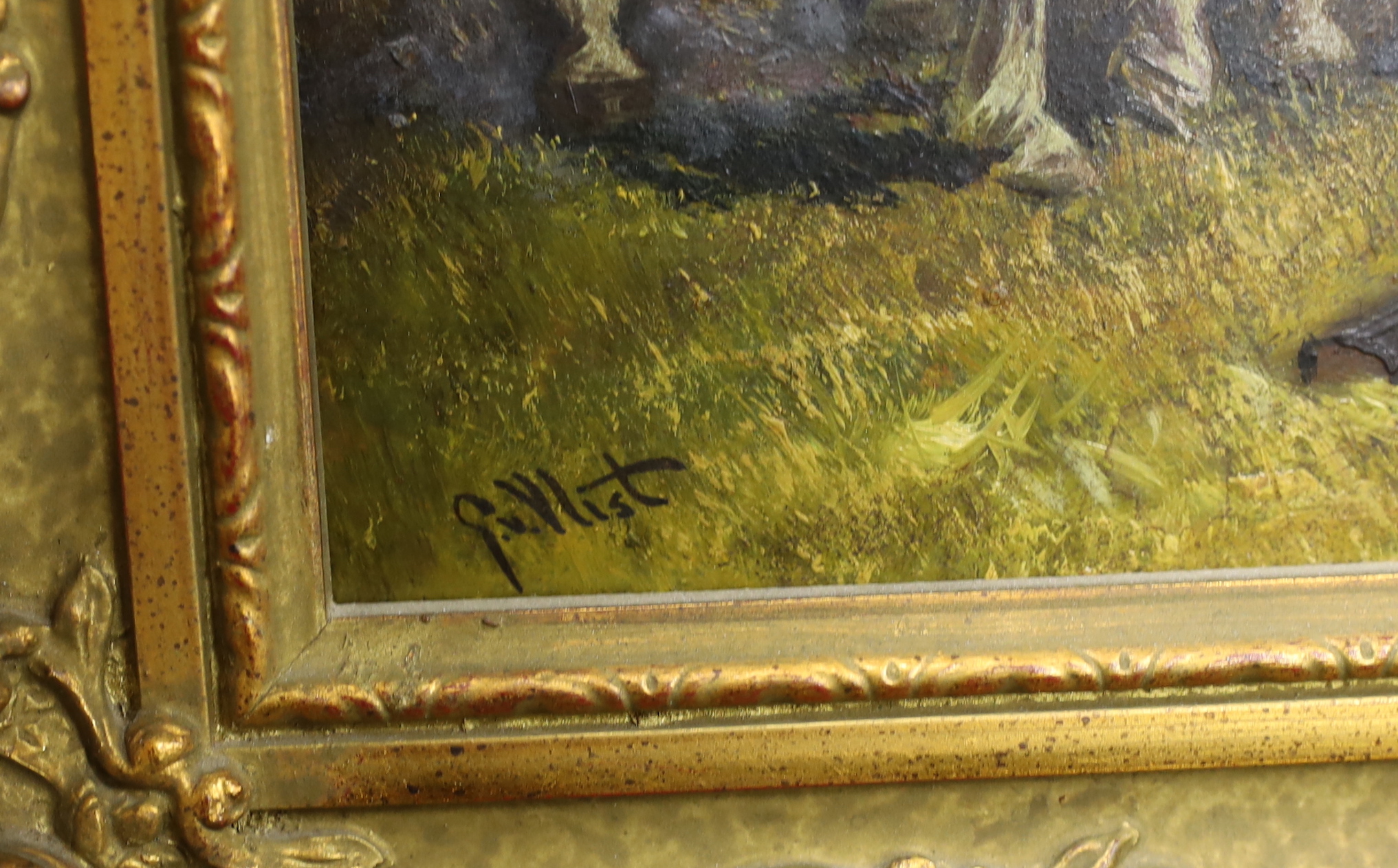 Dutch School, oil on board, Two horses in a stable, indistinctly signed, G.V Wist?, 23 x 29cm, ornate gilt frame